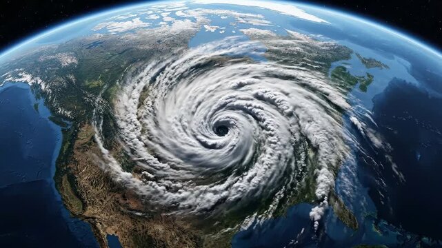 A striking satellite orbital perspective of a giant swirling hurricane system heading directly towards the United States coastline. This visualization captures extreme Atlantic weather patterns and se