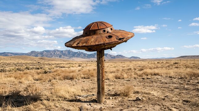 Rusty alien spaceship prop in desert landscape, UFO roadside attraction