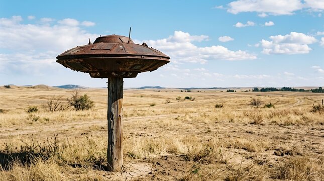 Abandoned UFO replica on a wooden post in a dry, grassy field under a blue sky.
