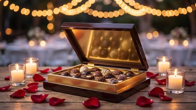 Open Chocolate Truffle Gift Box with Festive Lights and Premium Gourmet Dessert Presentation for Holiday Celebrations