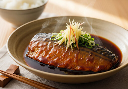 照りのある濃厚なタレがたっぷり絡むさばの味噌煮とご飯