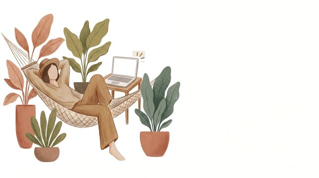 Faceless professional reclining in a hammock with a laptop showing an OOO notification.