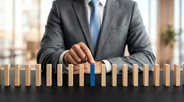 Businessman strategically stopping the domino effect, representing control and foresight in business