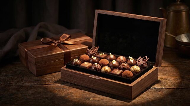 Premium Chocolate Truffle Gift Box on Wooden Table with Warm Lighting and Elegant Celebration Atmosphere