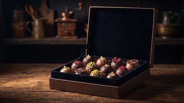 Luxury Chocolate Truffle Collection in Open Premium Box with Elegant Gourmet Dessert Presentation and Dark Background