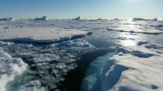 Ice floes drift in a frigid arctic ocean under sunlight