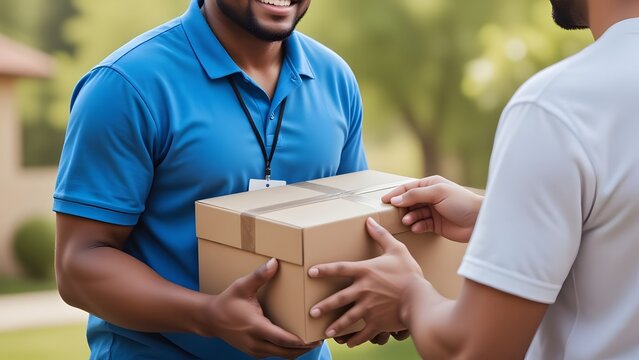 Two men exchanging a cardboard delivery box outdoors