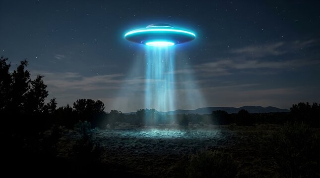 UFO spaceship with bright blue beam landing on dark rural landscape at night