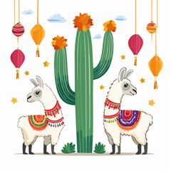Naklejka premium Cute Llamas and Cactus with Festive Lanterns