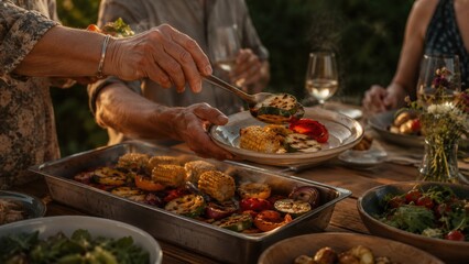 Obraz premium Gathering around a table for dinner with friends and serving grilled vegetables and corn at sunset in the garden