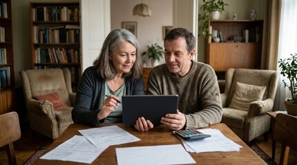 Fototapeta premium Couple reviews documents and uses tablet in cozy living room during afternoon hours