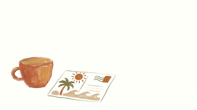 Coffee cup next to postcard representing time away.