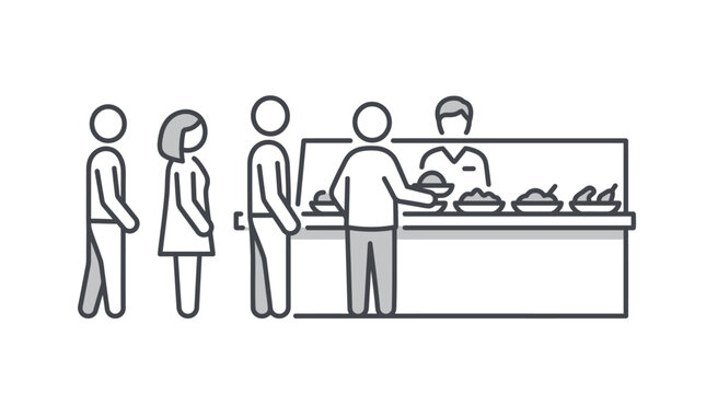 People queuing at cafeteria food counter line art illustration.