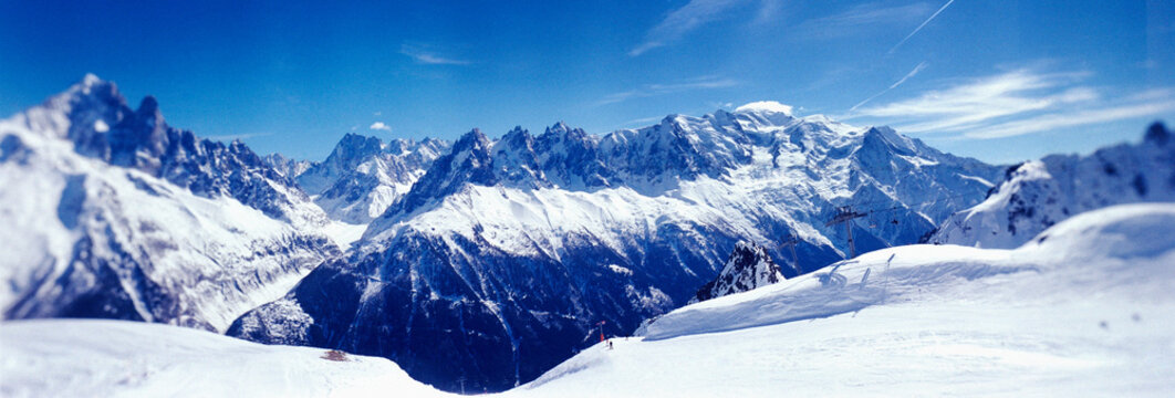Panoramic landscape of the Chamonix-Mont-Blanc area of the French Alps, known for its extreme terrain and glaciers, France, Europe 