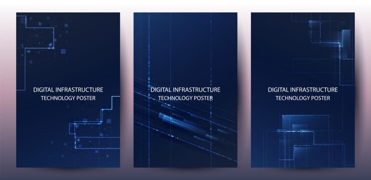 Digital Infrastructure Technology Poster Set With Abstract Blue Geometric Background