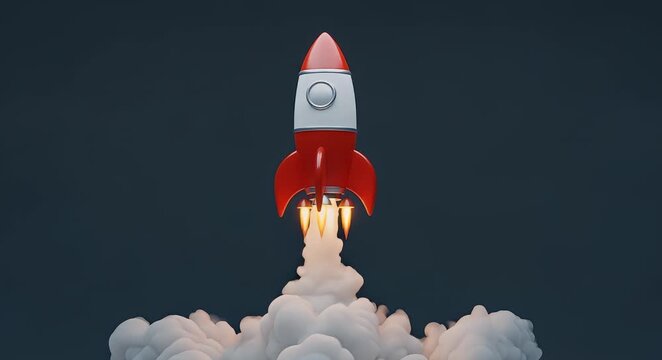 A vibrant red and white retro rocket ship blasts off into the sky, trailing large clouds of smoke from its powerful engines and launching into space.