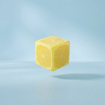 Surreal Cube Shaped Lemon Floating Over A Soft Minimalist Pastel Blue Background