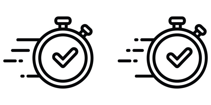Fast delivery service, stopwatch with check mark, quick shipping, express time, completed order