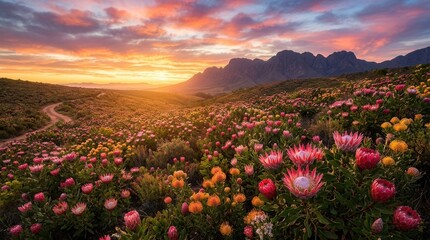 Fototapeta premium Vibrant Mountain Meadow Sunrise with Wildflowers and Dramatic Sky.