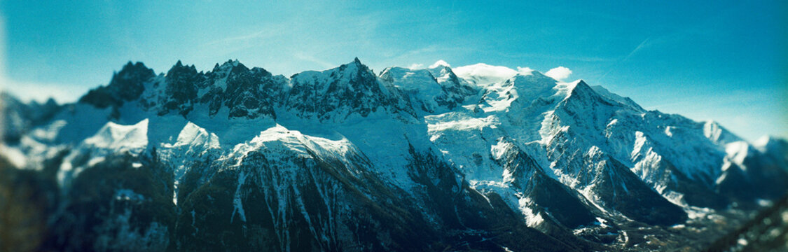 Panoramic landscape of the Chamonix-Mont-Blanc area of the French Alps, known for its extreme terrain and glaciers, France, Europe 