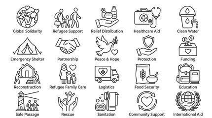 Fototapeta premium Humanitarian Aid Icons: Global Solidarity, Relief, Healthcare, Shelter, Peace & Hope