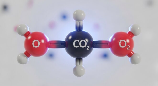A 3D model of a carbon dioxide molecule with oxygen atoms surrounding it, set against a blurred background.
