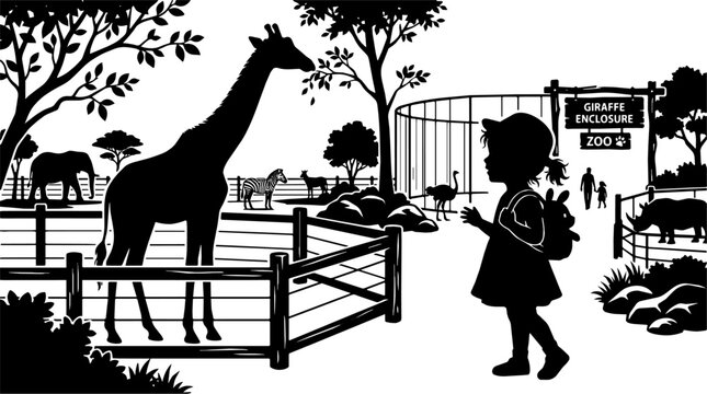 Giraffe browsing branches in a zoo enclosure. Child with backpack watches at gate holding plush toy, smiling at dawn.
