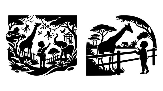 Child pointing at a giraffe in a zoo enclosure. Silhouettes of elephant lion and monkeys at a zoo.