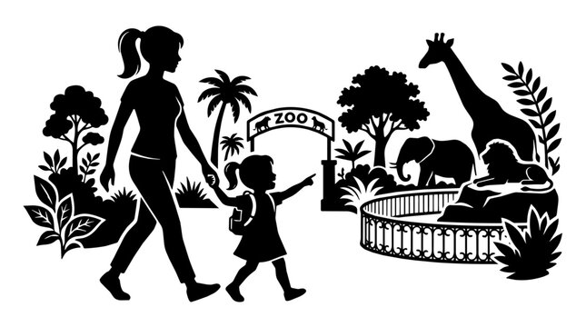 Woman and daughter walk hand in hand at a zoo entrance. The child points at a giraffe elephant and lion creating a playful excited mood.