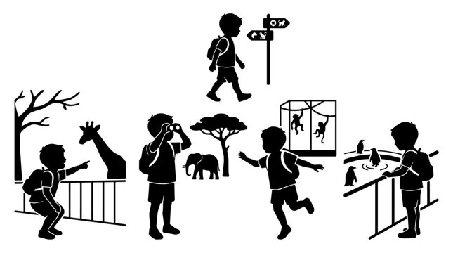 Children explore a zoo walkway pointing at animals and reading a map.