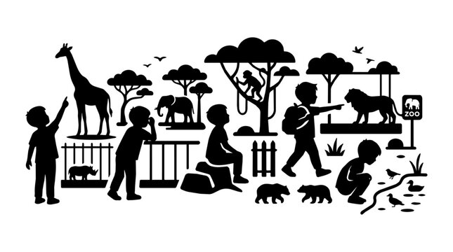 Children point at giraffe and lion across zoo enclosures. Silhouetted trees and birds create a playful midday mood.