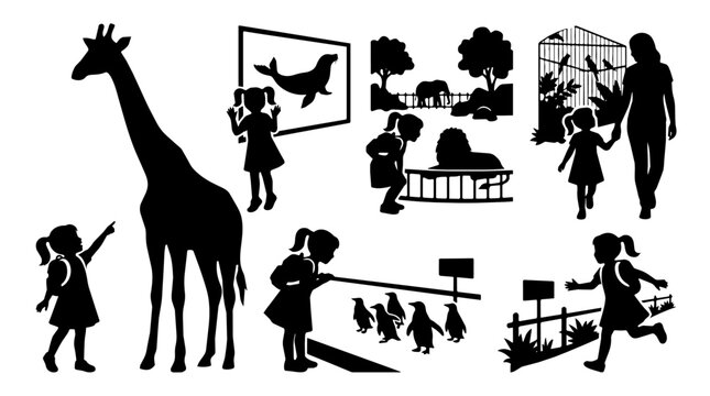 Girl watches giraffe at zoo exhibit.