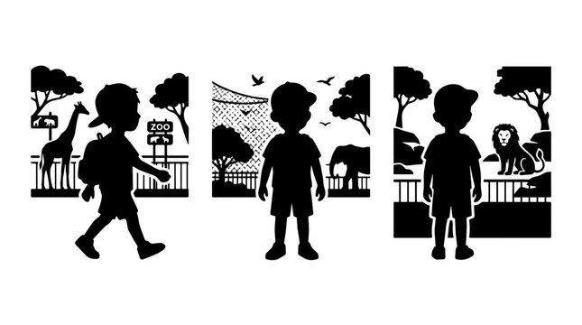 Children stand and walk at a zoo silhouette with animal like elephant, giraffe, lion. 