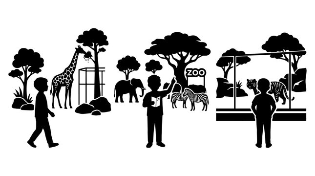 A young boy in a zoo with giraffe, elephant, zebra and tiger. The boy is reading, walking and standing