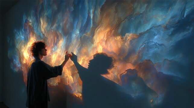 Person gazes at abstract fiery colors on a wall, casting a shadow