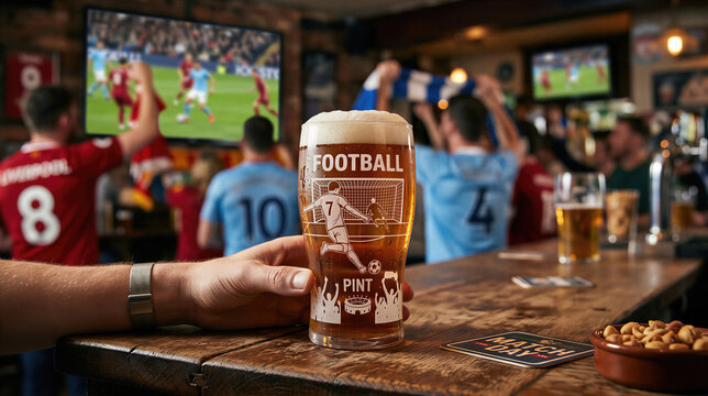Man holding pint of beer with football graphic sitting in sports bar while watching game. Excited fans cheering for match championship. Social gathering in pub during tournament.