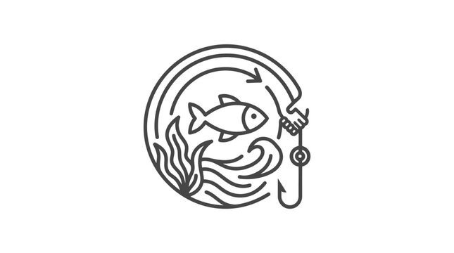 Fishing hook and fish emblem in circular design.