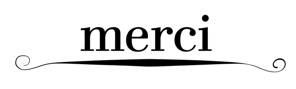 The word merci written in elegant black font on transparent background