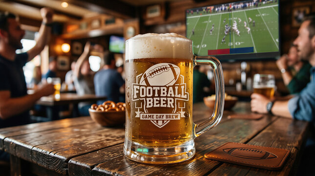 Glass mug of golden beer with sports emblem on wooden table in bar. Excited fans watching football championship on television screen. Festive activity for game day celebration.