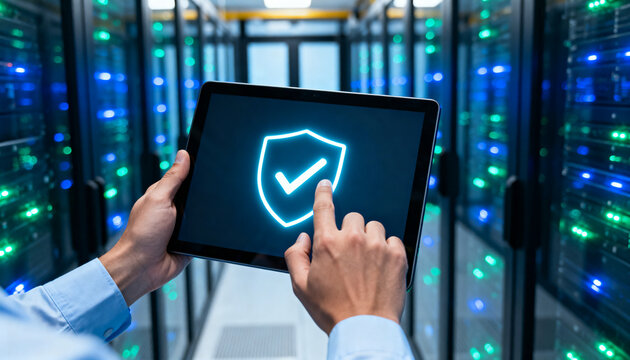 A technician holds a tablet displaying a glowing shield icon in a modern, secure server room.