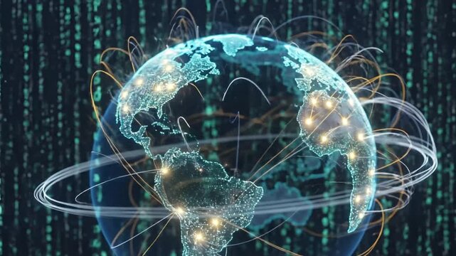 Glowing digital earth globe with orbiting data connection lines and binary code background animation for global internet technology video footage