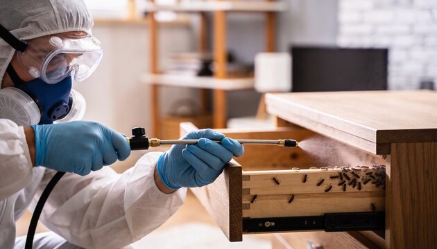 A pest control specialist in protective gear sprays chemicals into a wooden drawer infested with ants.