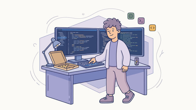 A happy young coder types code on dual monitors while eating pizza with energy drink nearby