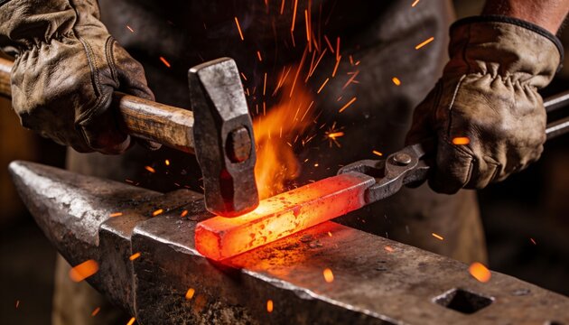 A blacksmith hammering a glowing red hot piece of metal on an anvil with sparks flying everywhere.