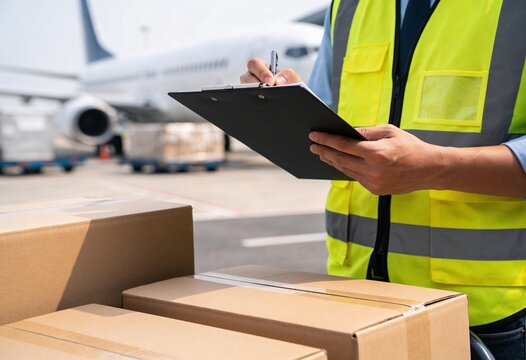 An airport worker in a reflective vest checks cardboard packages on an airfield near a parked plane.