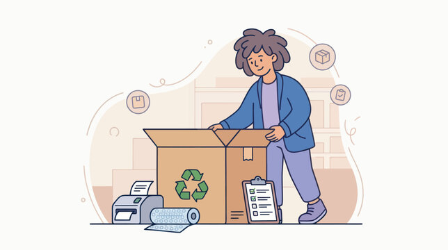 A person packing a box with recycling while checking a list with a printer nearby