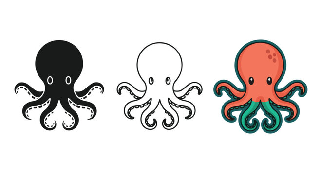 Colorful cartoon octopus characters with large eyes and playful tentacles in a fun marine theme