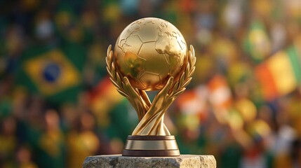 Naklejka premium Golden football world cup trophy held by human hands on stone pedestal. Soccer championship winner prize with stadium crowd in background. Sports victory and athletic achievement concept.