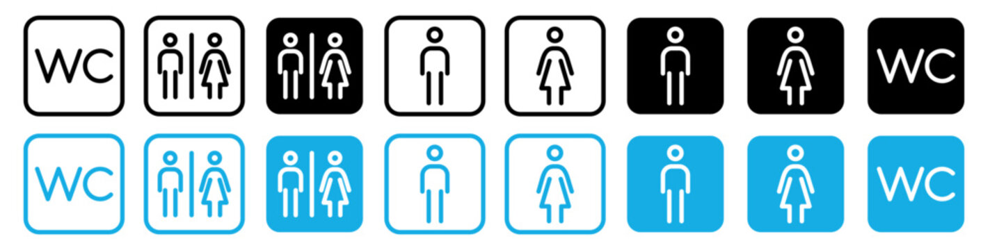 Set of toilet signs in rounded square frames. Minimalist pictograms for restroom male and female symbols. Black and blue vector icon collection isolated