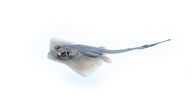 Delicate young ray elegantly swims against a brilliant white backdrop with soft ambient light.. AI Generated